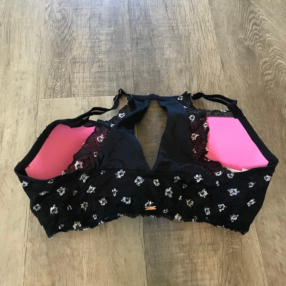 Pink Victoria's Secret 36DD Black Floral Lace Front Close Push Up Racerback Bra - Picture 3 of 6